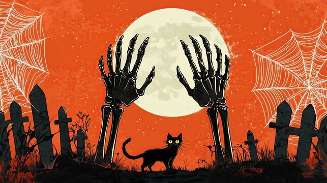  Illustration of two skelleton hands rising from the ground of grave yard , and a black cat has pointed fur , the background is full moon in  and orange sky.  