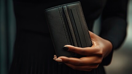 Close-up of a Hand Holding a Black Leather Wallet