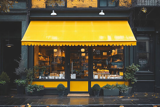 A cozy storefront with a vibrant yellow awning, showcasing a warm and welcoming shop interior at street level