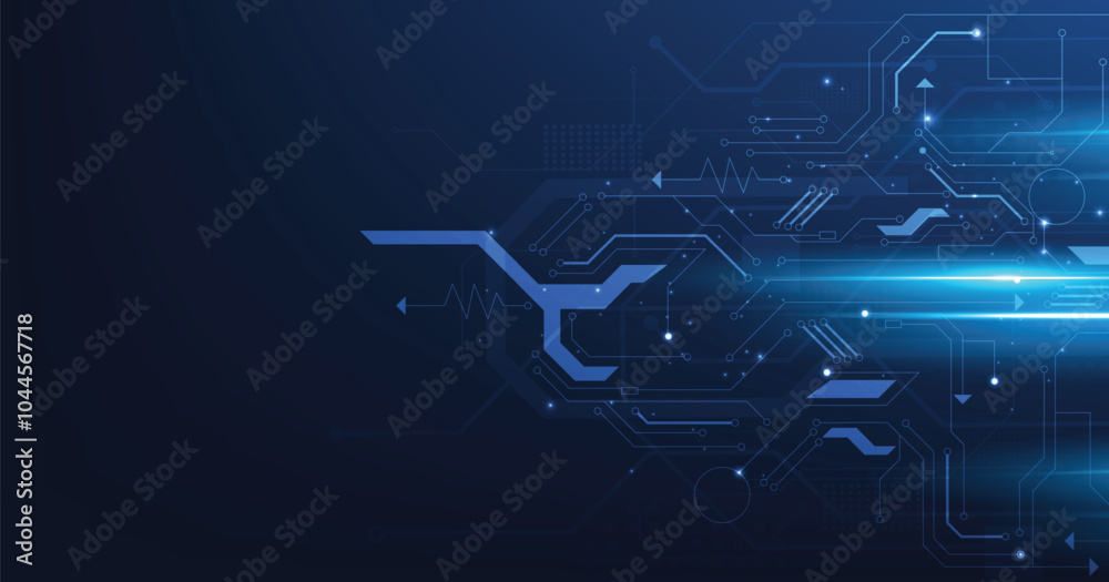 Poster Circuit board blue technology background.Vector abstract technology illustration Circuit board on dark blue background.High-tech circuit board connection system concept.	
