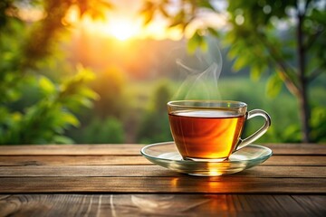 Obraz premium Morning scene with glass cup of tea reflecting on wooden surface