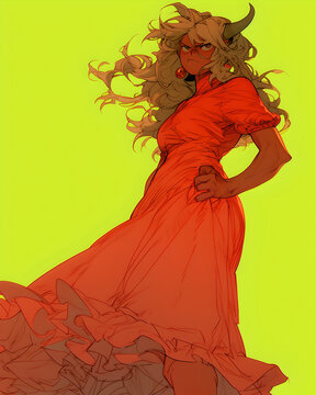 Demon girl in red dress on toxic green background