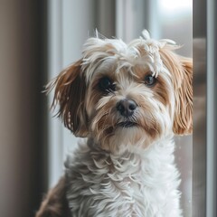 Portrait of a dog sitting on the windowsill at sunset