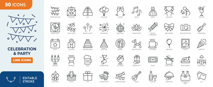 celebration & party icon set. Outline Icon Collection. Editable stroke. Vector illustration