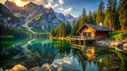 Fototapeta premium mountain cabin by lake with beautiful depth of field