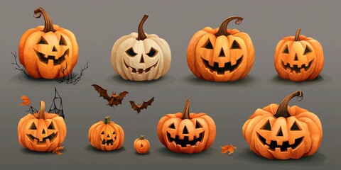 A set of vector pumpkins with different shapes and sizes, including a jack o' lantern, placed on a transparent background.