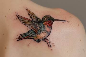 Obraz premium A colorful tattoo of a hummingbird in flight on the shoulder blade