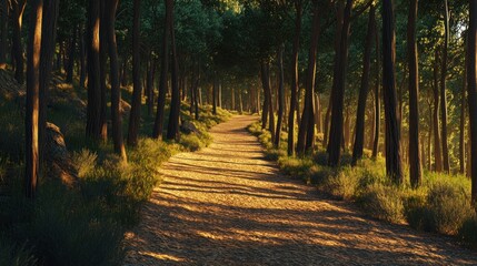 Obraz premium A dirt path winds through a dense forest, bathed in the warm glow of the afternoon sun.