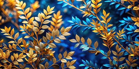 Luxurious Blue Botanical Landscape with Golden Branches and Leaves for Elegant Decor, Wallpaper, Postcards, and Presentations