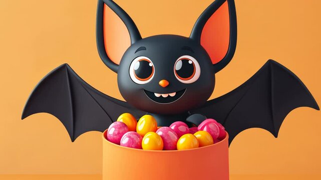 A playful cartoon bat emerges from a colorful bowl of candies