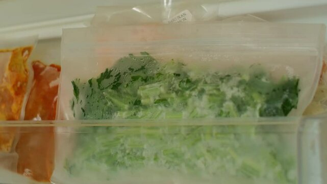 Neatly arranged spices, vegetables, and fruits such as celery, tomatoes, and sauces are tightly wrapped in food-grade plastic and stored in a freezer. The organized rows highlight efficiency 