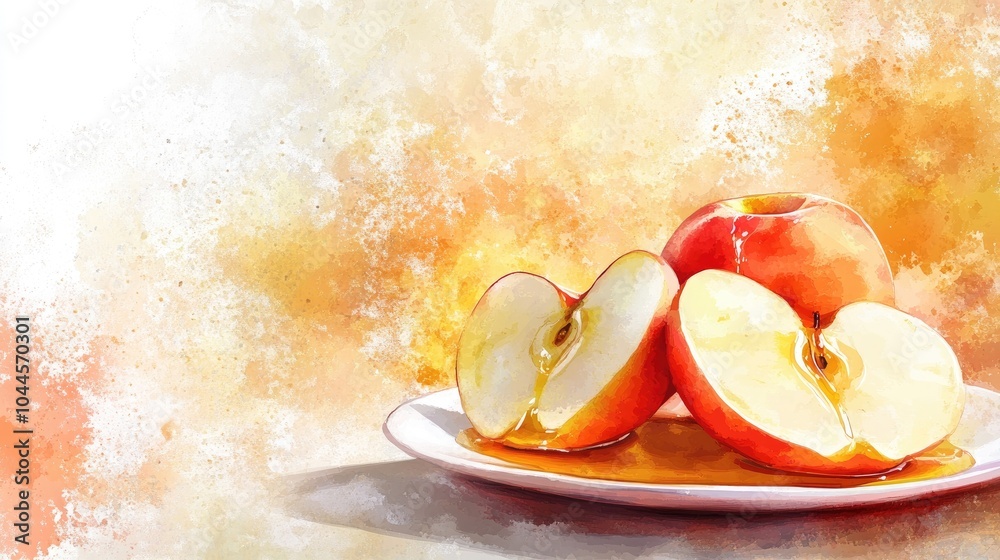 Canvas Prints Crisp apple slices on a plate, elegantly drizzled with honey, capturing the natural, healthy indulgence of fresh fruit and golden sweetness.