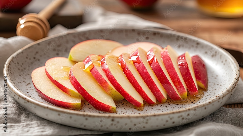 Sticker Crisp apple slices on a plate, elegantly drizzled with honey, capturing the natural, healthy indulgence of fresh fruit and golden sweetness.