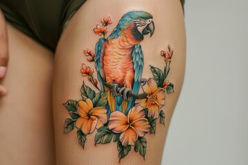 A colorful tattoo of a parrot with tropical flowers on the thigh.