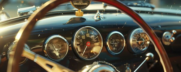 Classic car dashboard in retro futuristic style.