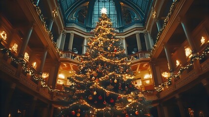Obraz premium A beautifully decorated Christmas tree adorned with lights stands inside a historic church, showcasing the majestic architecture and religious art that fills the space