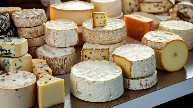 A variety of cheeses are displayed at a market