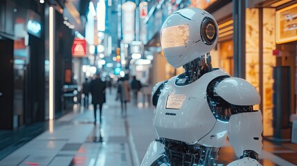 Obraz premium High-tech robots navigating advanced offices, reviewing dynamic city layouts and future innovations through AI-powered systems.