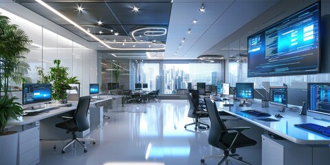 An IT office with modern design elements and advanced tech gadgets in use.