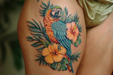 A colorful tattoo of a parrot with tropical flowers on the thigh.