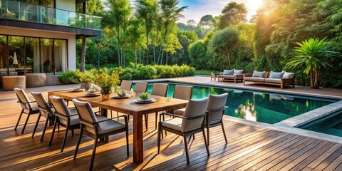 Obraz premium Modern Poolside Relaxation with Stylish Table and Chairs on Wooden Decks at a Hotel Resort for Leisure and Recreation in a Scenic Urban Setting