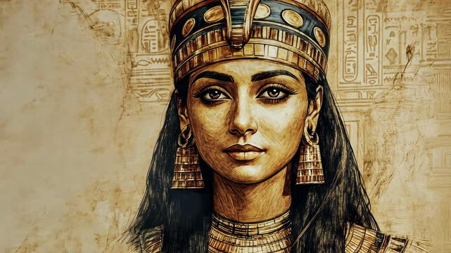 A close-up drawing of an Egyptian queen with a golden crown and intricate jewelry, set against a background of hieroglyphs