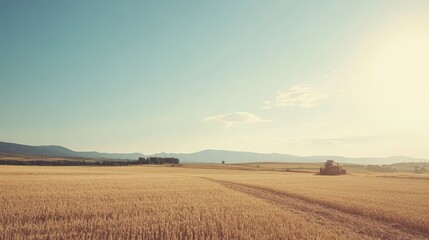 Farmer Harvesting Wheat in Golden Field Under Blue Sky