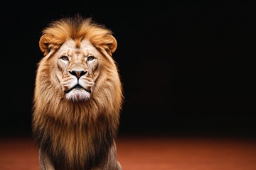 Fototapeta premium Majestic lion with a full mane, isolated against a dark background.