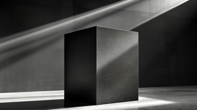 A black cube sits on a concrete floor, illuminated by beams of sunlight that stream in from a window