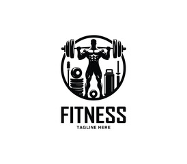 Fitness and gym body building logo design. Silhouette of bodybuilder. Fitness center gym logo vector