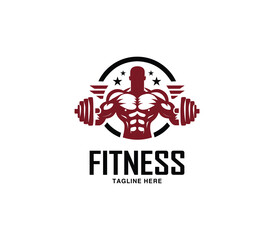 Fitness and gym body building logo design. Silhouette of bodybuilder. Fitness center gym logo vector