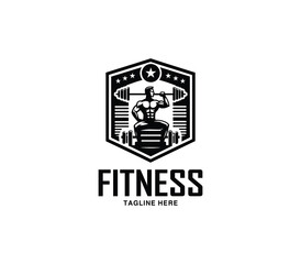 Fitness and gym body building logo design. Silhouette of bodybuilder. Fitness center gym logo vector