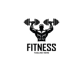 Fitness and gym body building logo design. Silhouette of bodybuilder. Fitness center gym logo vector
