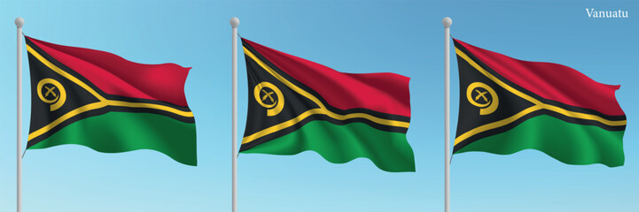 Set of three flags of Vanuatu waving on flagpoles