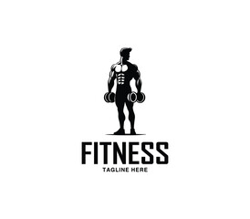 Fitness and gym body building logo design. Silhouette of bodybuilder. Fitness center gym logo vector