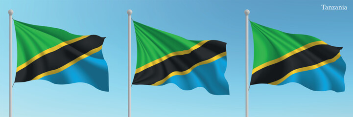 Set of three flags of Tanzania waving on flagpoles