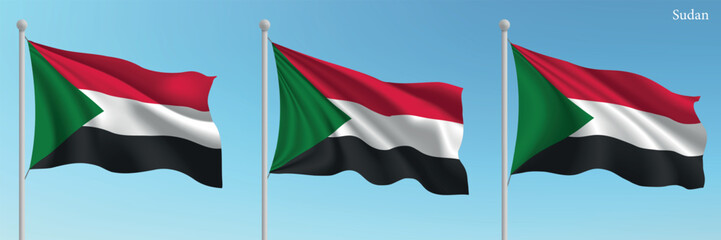 Set of three flags of Sudan waving on flagpoles