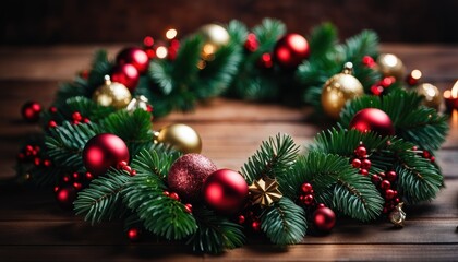 Fototapeta premium Festive Christmas background with red and gold baubles