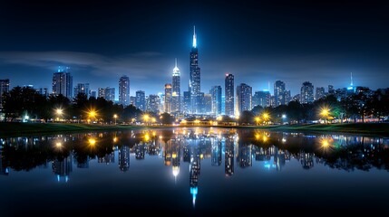 Obraz premium A dramatic city skyline at night, with skyscrapers illuminated by vibrant lights. Reflections dance on the surface of a nearby river, creating a stunning visual effect. The bustling activity 
