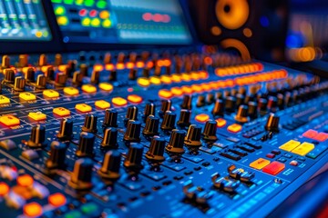 Fototapeta premium A high tech sound mixer console is set up at a live event, with vibrant controls and screens displaying audio settings. Bright stage lights illuminate the background