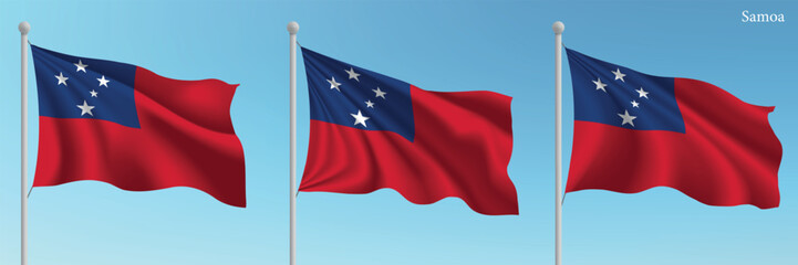 Set of three flags of Samoa waving on flagpoles