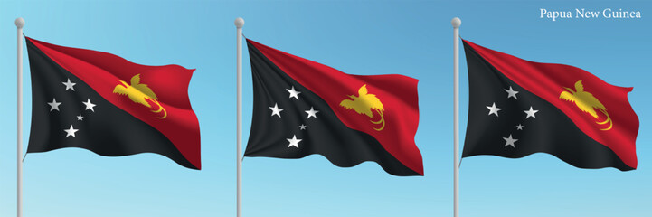 Set of three flags of Papua New Guinea waving on flagpoles