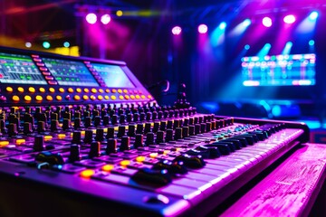 A high tech sound mixer console is set up at a live event, with vibrant controls and screens displaying audio settings. Bright stage lights illuminate the background