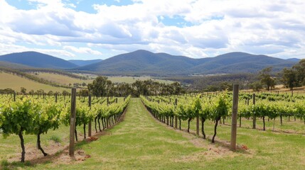 Fototapeta premium Serene Vineyard Landscape with Rows of Grapevines