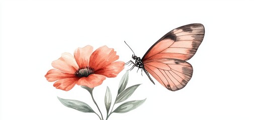 A butterfly perched on a beautiful flower, white isolated background.