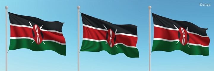 Set of three flags of Kenya waving on flagpoles