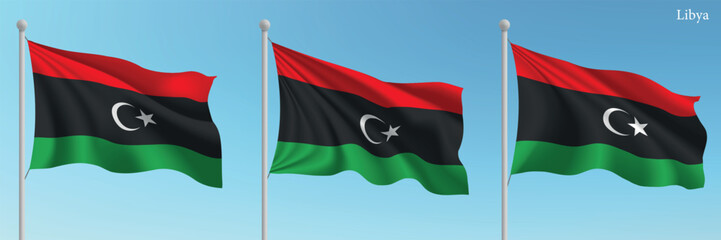 Set of three flags of Libya waving on flagpoles