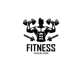 Naklejka premium Fitness and gym body building logo design. Silhouette of bodybuilder. Fitness center gym logo vector