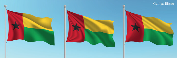 Set of three flags of Guinea-Bissau waving on flagpoles