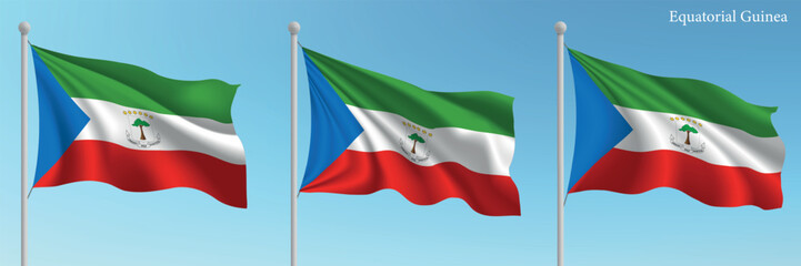 Set of three flags of Equatorial Guinea waving on flagpoles